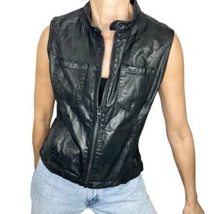 Harley Davidson black waxed cotton stretch fitted full zip moto biker vest M
